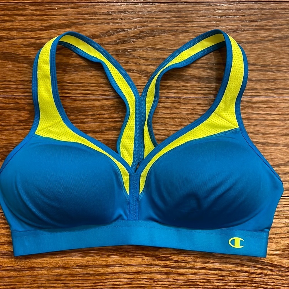 CHAMPION woman’s the CURVY SPORTS racer back BRA wire free cups blue neon ylw XS